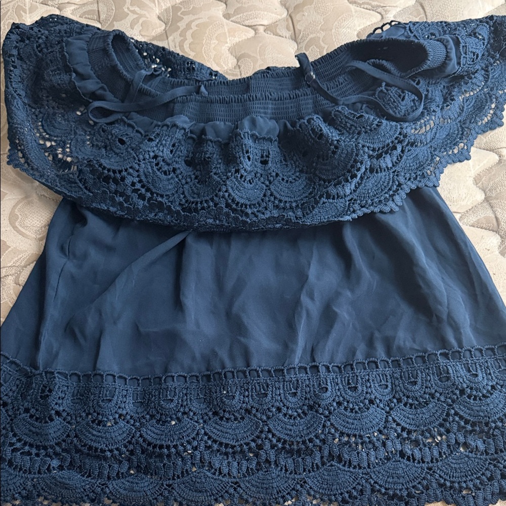 No Boundaries Navy Crochet Trim Blouse